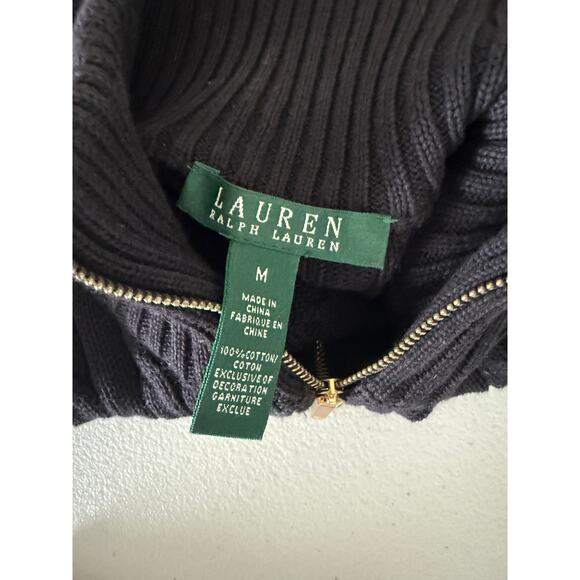 Lauren Ralph Lauren Black Cable knit Turtleneck Zip Cardigan Sweater M Holiday - Picture 3 of 7
